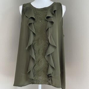 Ann Taylor | Floral Embroidered Eyelet Ruffle Blouse | Olive Green | XL